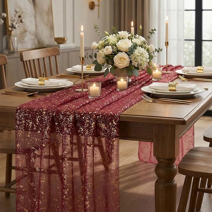 Artoid Mode Burgundy Gold Gauze Table Runner 120 Inch 10FT, Glitter Metallic - Image 5