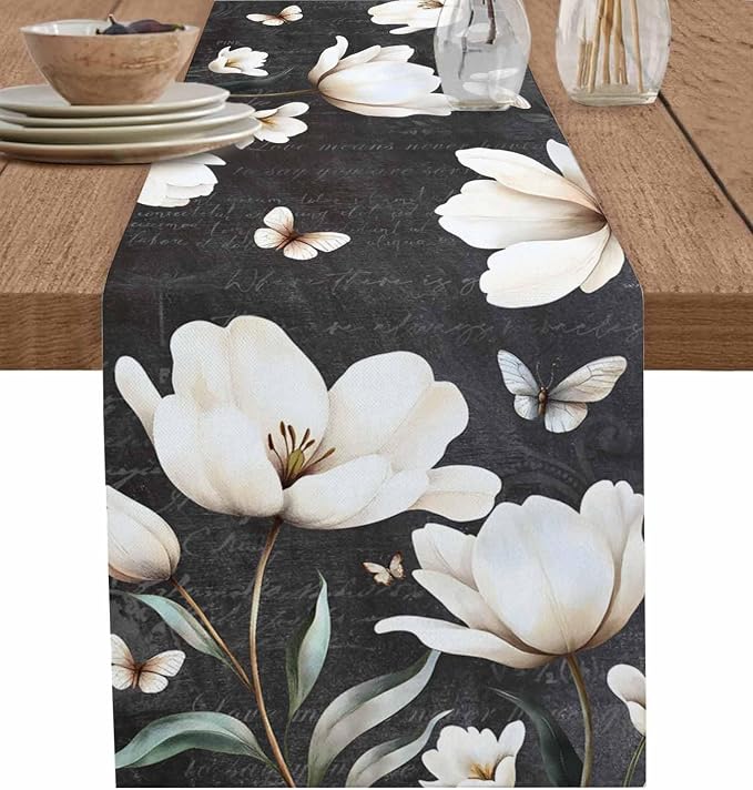 Farmhouse Floral Table Runners 120 Inches Long, Cotton Linen Fabric Table by Edwiinsa