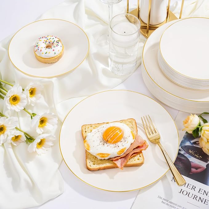 Nervure 100PCS Ivory and Gold Plastic Plates 10.25″ Disposable Dinner Plate | - Image 2