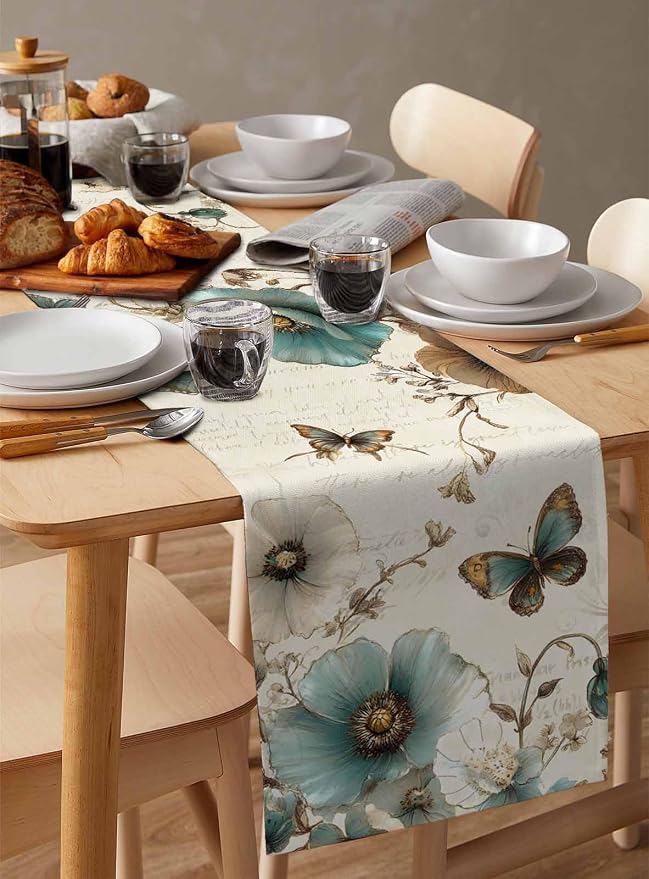 Turquoise Tulip Table Runners 120 Inches Long, Spring Vintage Botanical Table - Image 3