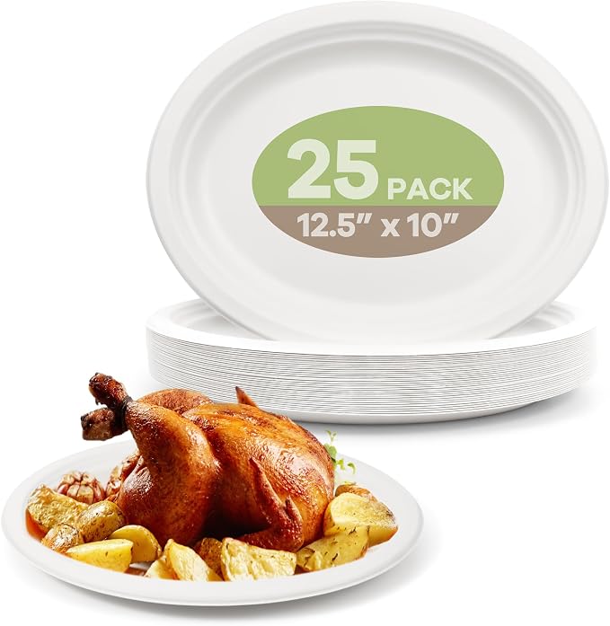 Disposable Oval Paper Plates, Compostable Heavy Duty Bagasse Platters by FEHHTOEco-friendlyLiving