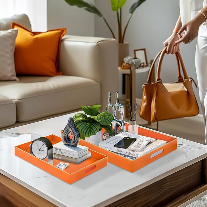 Orange Serving Tray with Handles, Plastic Decorative Tray Set of 2 | Decorative - Image 4