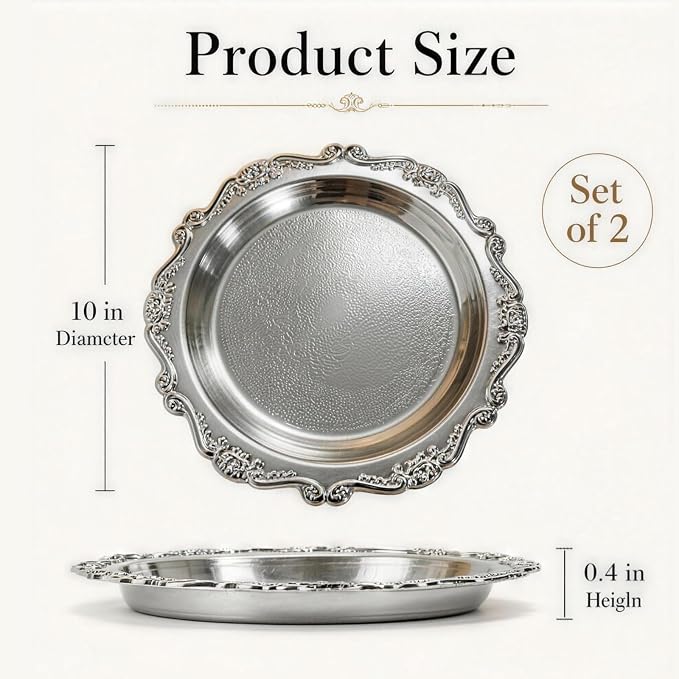 Round Silver Tray, Serving Platters, Vintage Metal Dessert Snack Platter - Image 2