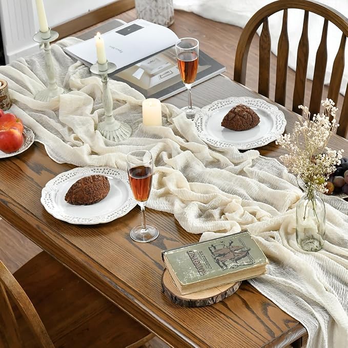 Artoid Mode Boho Beige Gauze 6 Pieces Wedding Table Runner, 120 Inch Birthday - Image 4