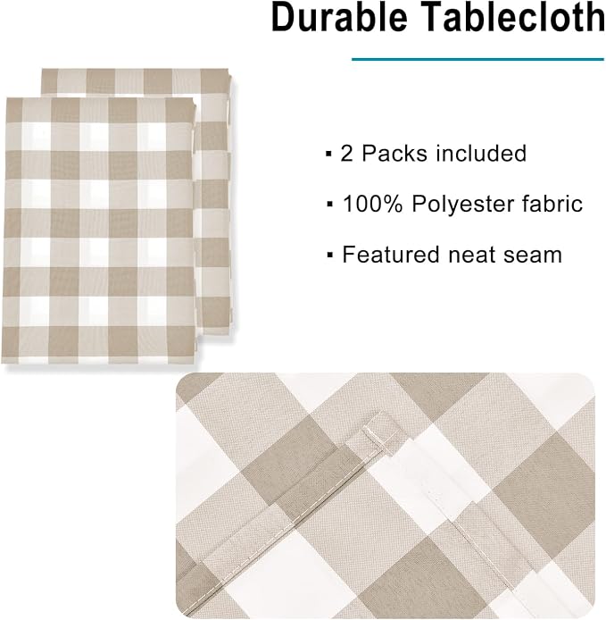 Checkered Table Cloths, 2 Pack, 60 x 120 inch Khaki and White | Waterproof - Image 3