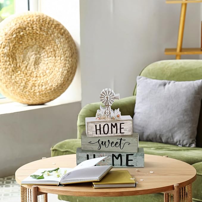 Cinnvoice 4 Pcs Summer Windmill Wooden Block Decor Farmhouse Tiered Tray Signs - Image 6