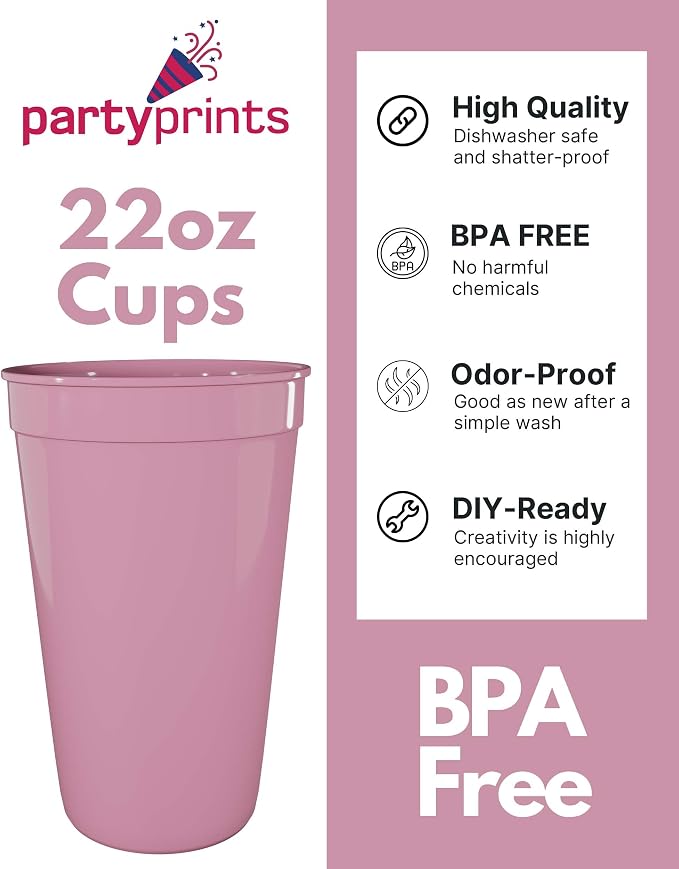 PartyPrints 10 Pack 22 oz Pink Reusable Blank Plastic Cups, Colored Plastic - Image 2