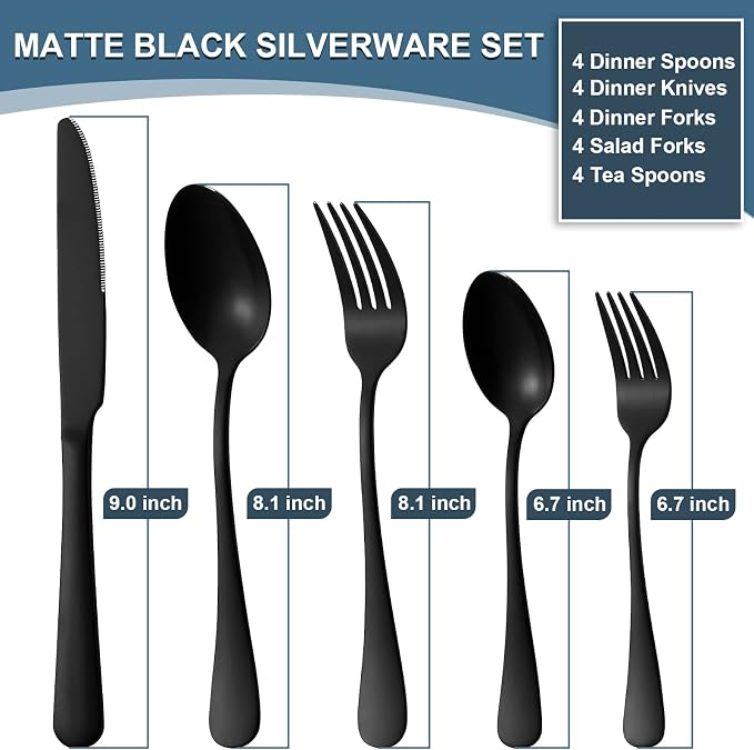 Matte Black Silverware Set for 4, Flatware Cutlery Set 20 Piece | Premium - Image 2
