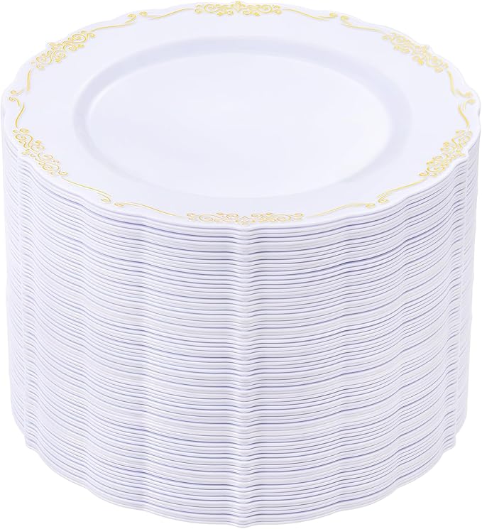 DaYammi 60PCS White and Gold Plastic Plates, Disposable Heavy Duty Plates by DaYammiwillaccompanyyou