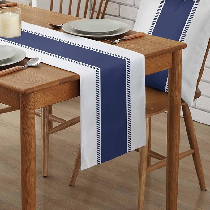 Navy Blue Stripes Table Runners, Non Slip Farmhouse Table Runner Dresser Scarves - Image 2