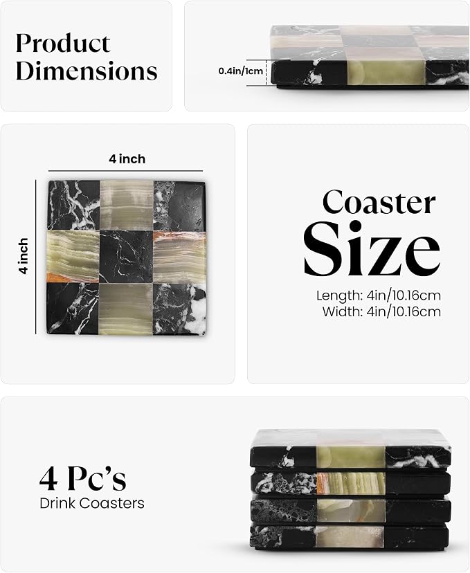 Marble Coasters Set of 4, Zebra Black & Green Handmade 4 inch Square Natural - Image 6