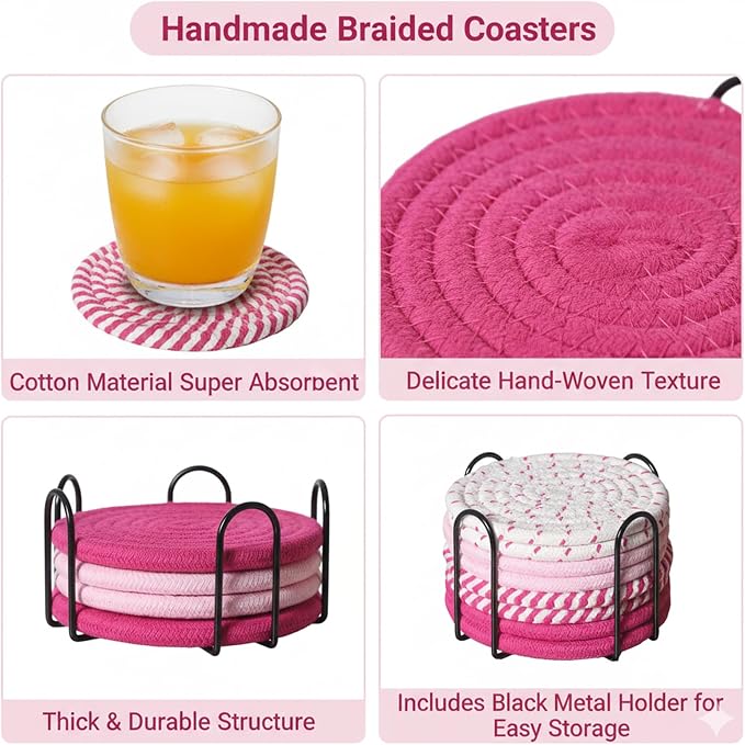 Drink Coasters Set of 8 with Holder, Cotton Woven | Absorbent cotton woven - Image 5