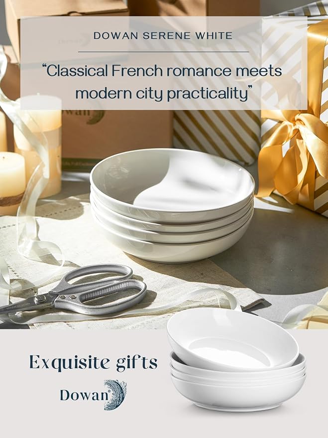 DOWAN 8.5" Pasta Bowls Set of 4, 30oz White Ceramic Shallow Dinner Bowls - Image 6