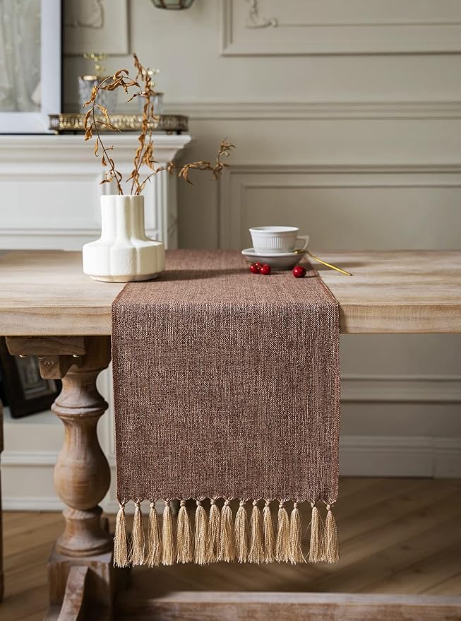 Brown Table Runners 48 Inches Long, Burlap Linen Style Rustic Farmhouse Table - Image 2