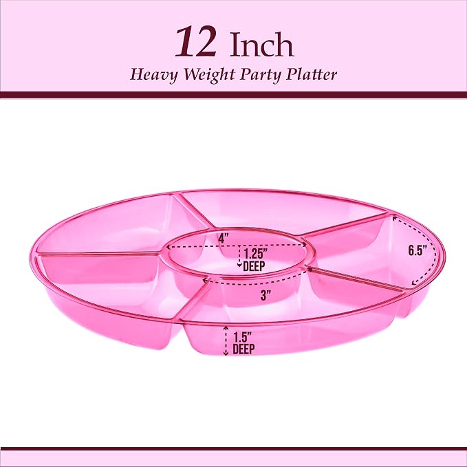 Plasticpro 6 Sectional Round Plastic Serving Tray/Platters Pink Pack of 8 - Image 6