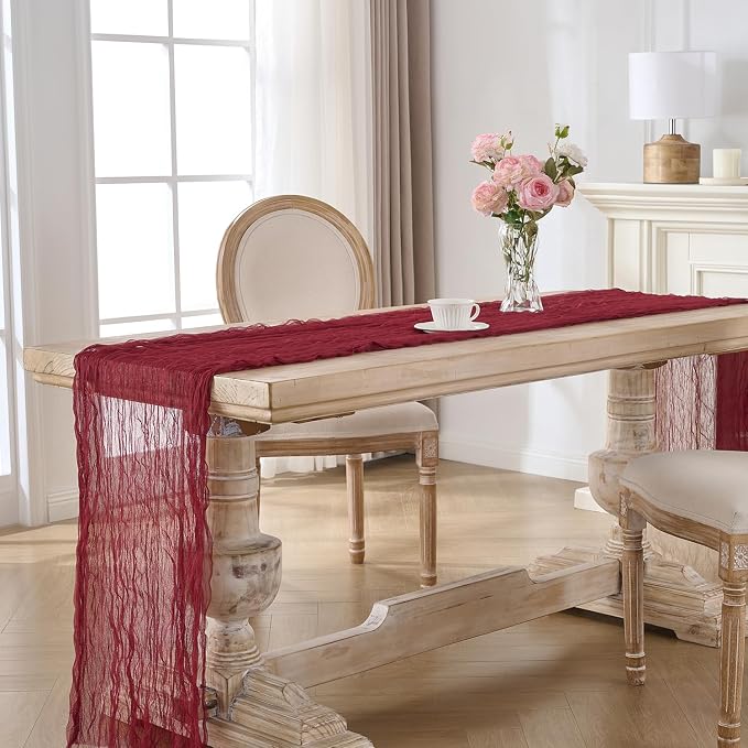 3 Pack Burgundy Red Cheesecloth Table Runners, 120 Inch 10Ft Wine Red Gauze - Image 6