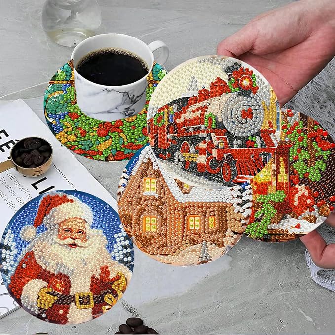 8 Pcs Christmas Diamond Painting Coasters Kits 4X4in | Christmas Diamond Art - Image 4