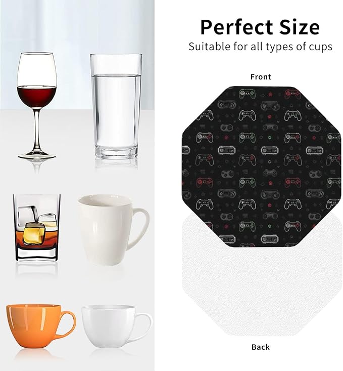 Retro Video Game for Leather Coasters Set of 4, Tabletop Protection Drink - Image 3