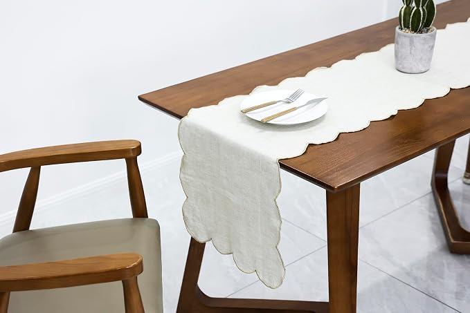 100% Natural Linen Rustic Scalloped Embroidery Table Runner 108 Inches Long - Image 5