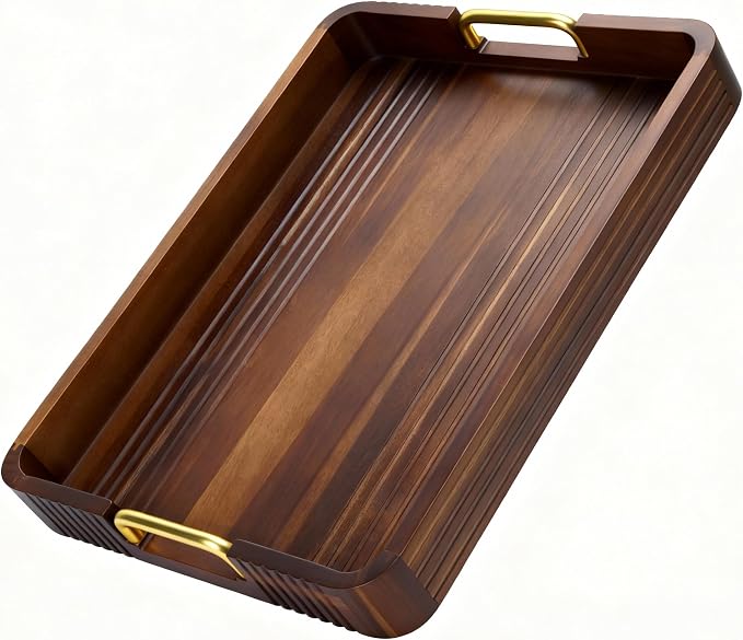 Acacia Wood Serving Tray with Metal Handles, Decorative Coffee Table Tray & by AbawiNexus