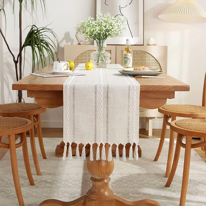Wracra Rustic Linen Table Runner, Ivory Table Runners 36 inches Long | Raised - Image 6