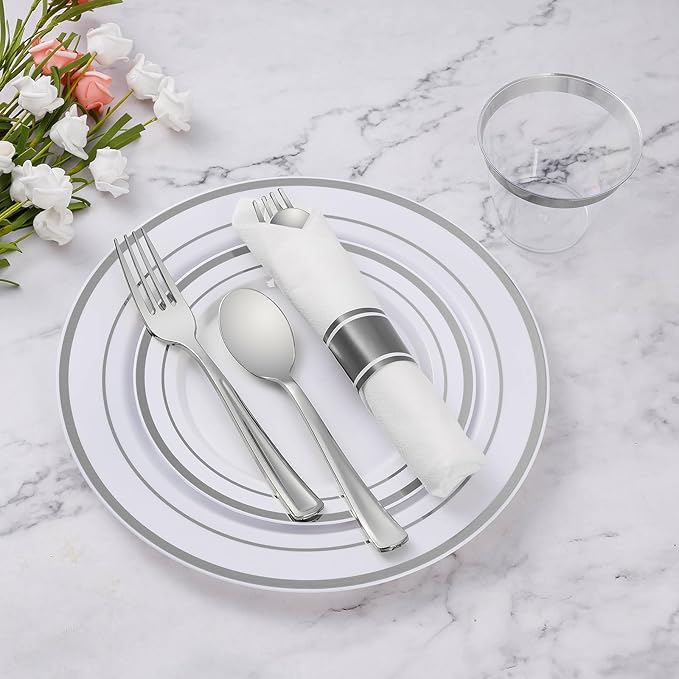 350 Piece Silver Plastic Dinnerware Set - Image 2