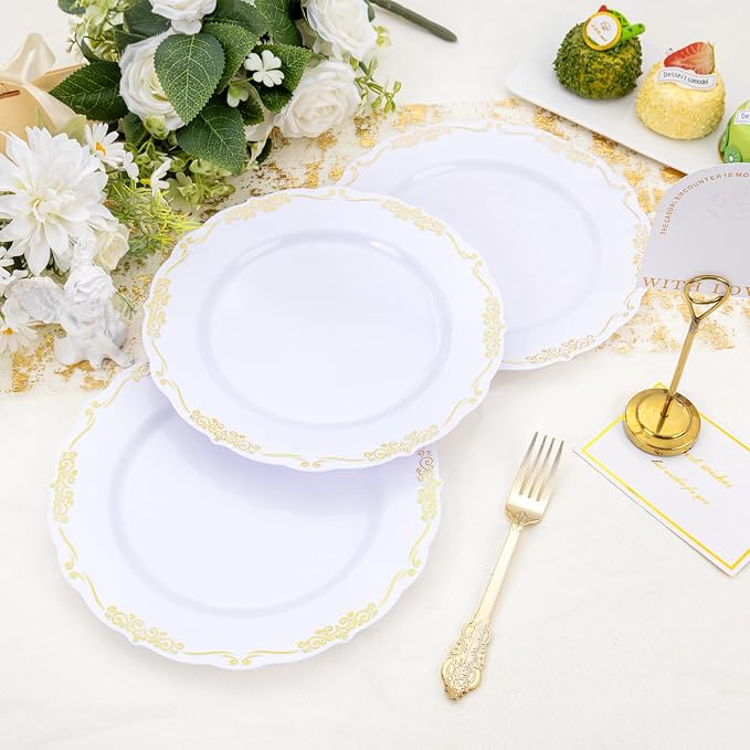 DaYammi 60PCS White and Gold Plastic Plates - Image 7