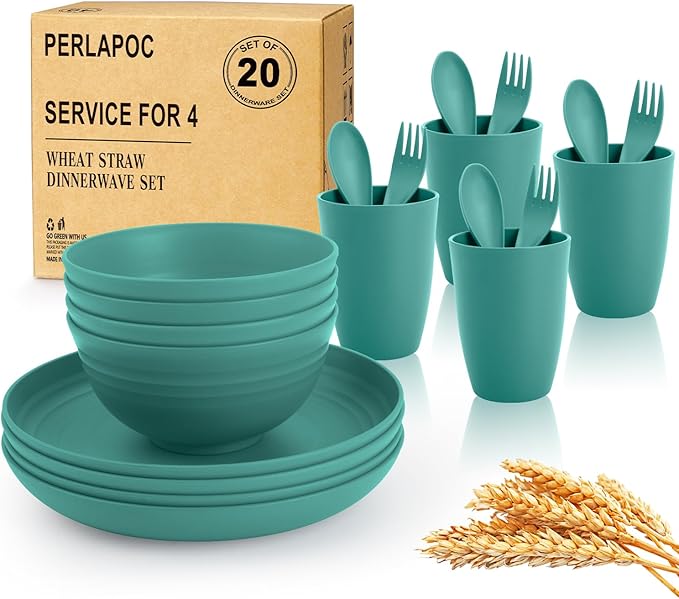 Wheat Straw Dinnerware Sets for 4, Dishwasher Microwave Safe Dinnerware Set by Perlapoc
