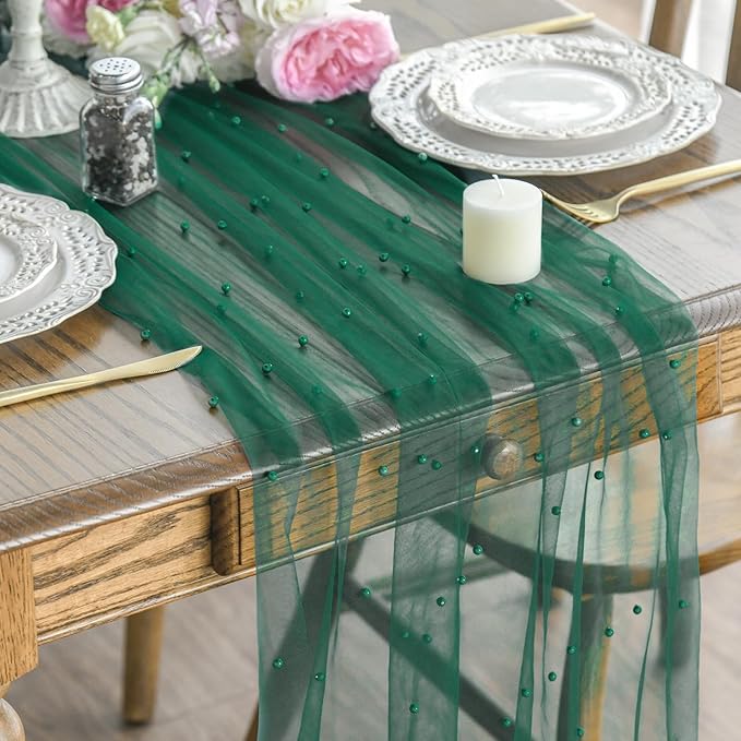 Artoid Mode 6PCS Pearl Dark Green Gauze Table Runner 120 Inch 10FT, Seasonal by ArtoidMode