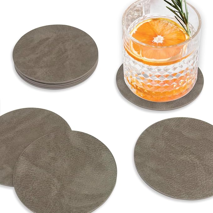 Set of 8 Morgan Faux Leather 4 Inch Round Coasters, Heat & Water Absorbent by Homewear