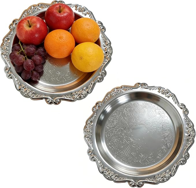 Round Silver Tray, Serving Platters, Vintage Metal Dessert Snack Platter by Unknown