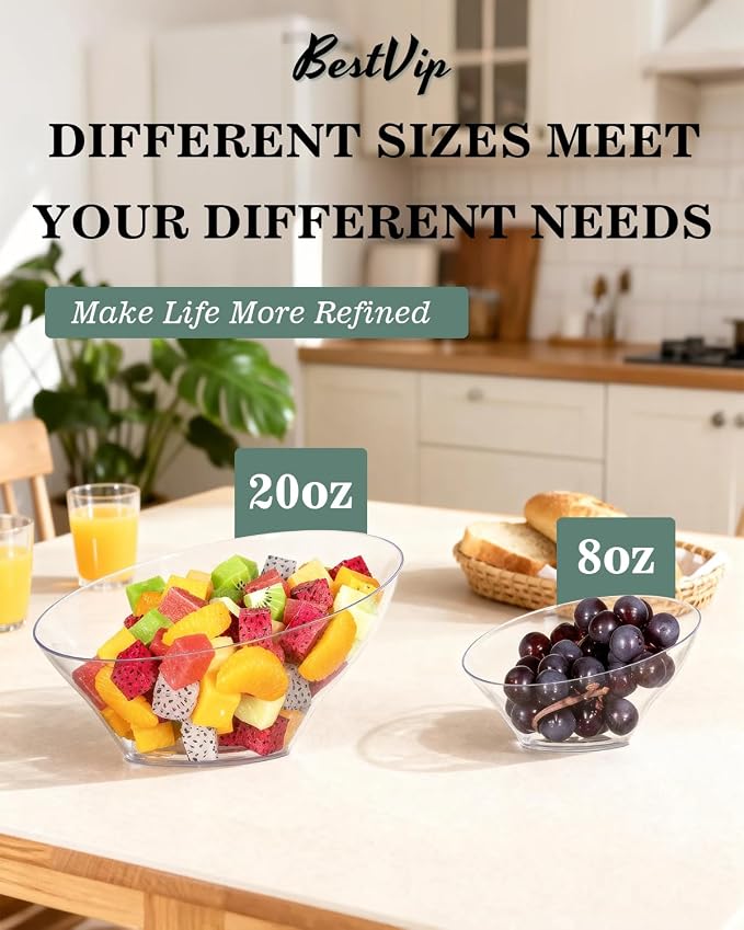 BESTVIP 8 Oz Clear Plastic Angled Serving Bowls, 12 Pack | Disposable Bowls - Image 2