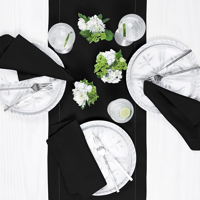 Solino Home 100% Pure Linen Dining Table Runner Black Hemstitch, 14 x 72 in | - Image 3