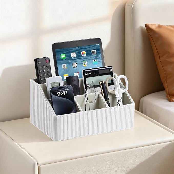 PU Leather Desk Organizer, Remote Control Holder, Ivory | Luxury Nightstand - Image 3