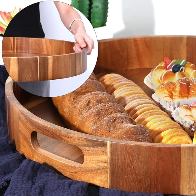Extra Large Round Serving Tray, Heavy Duty Acacia Wood Trays - Image 3