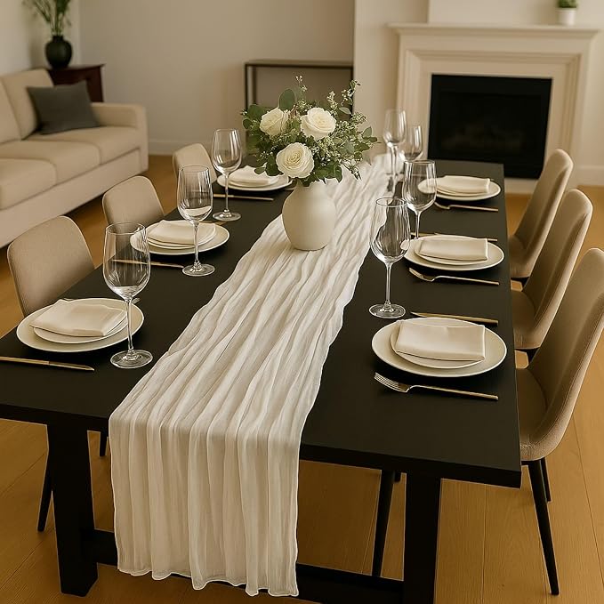 3 Pack Ivory 10FT Cheesecloth Table Runner –120 Inch White Gauze Table Runners - Image 5