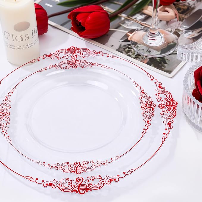Nervure 100Pcs Clear Red Plastic Plates, Party Plates Set - Image 2