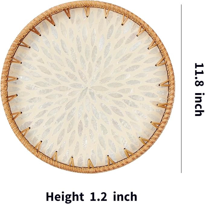 Kmelep Round Rattan Tray with Mother of Pearl Inlay, Rattan Serving Tray with - Image 6