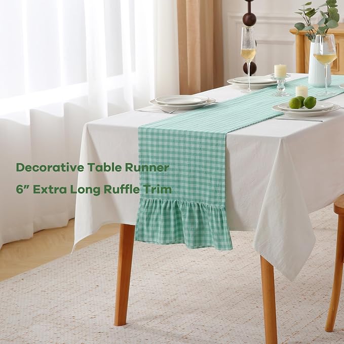 Spa Blue White Plaid Gingham Ruffle Table Runner 120 inches Long Christmas 100% - Image 3