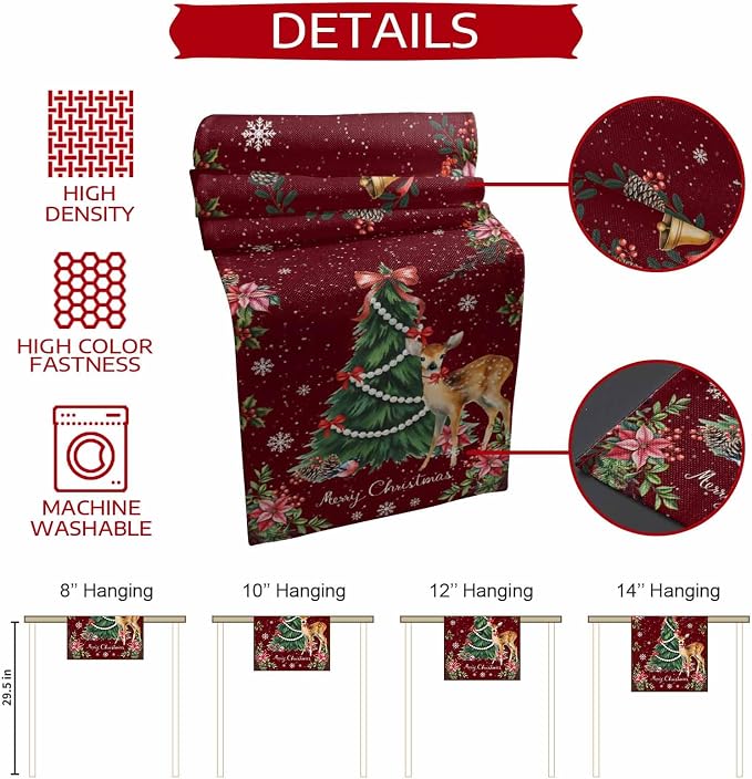 Christmas Reindeer Table Runners 108 Inches Long, Cotton Linen Fabric Red Table - Image 8