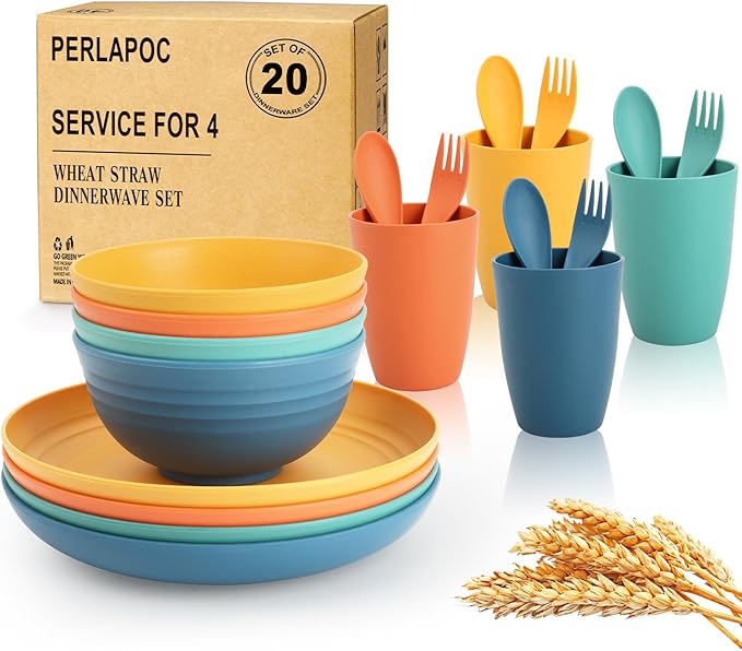 Wheat Straw Dinnerware Sets, Dishwasher & Microwave Safe Kids Plates and Bowls by Perlapoc