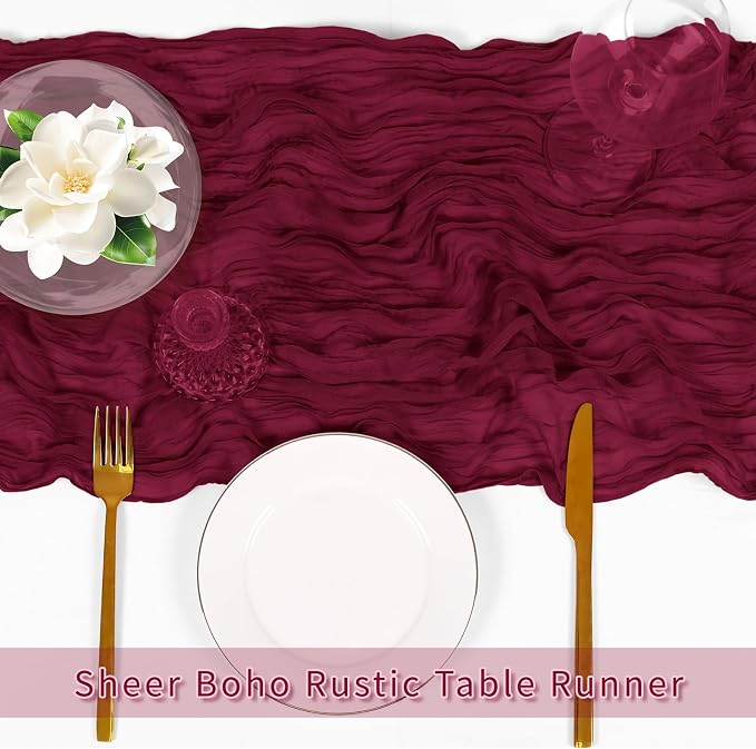 3 Pack Burgundy Cheesecloth Table Runner, 17 x 108 inch, Semi Sheer Boho Cheese - Image 5