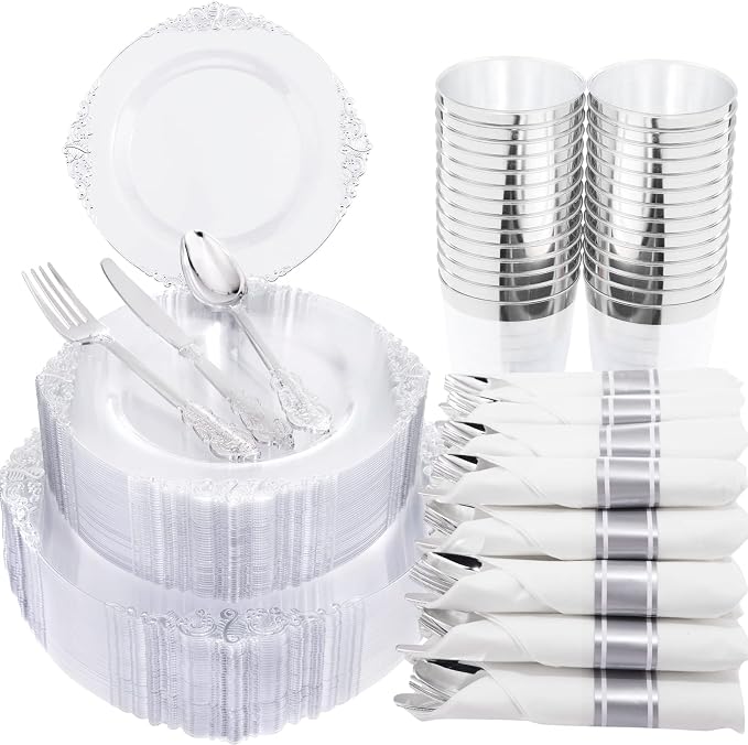 Morejoy 350PCS Clear Silver Plastic Plates by Morejoy