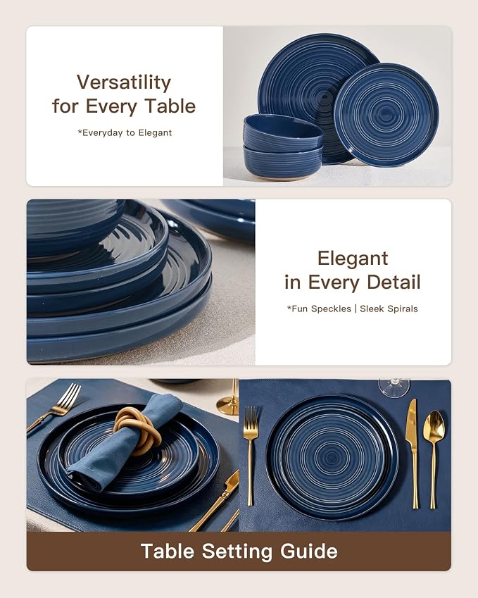 Dinnerware Set for 6, Ceramic Plates & Bowls, Abyssal Blue | 18 pcs Speckled - Image 3