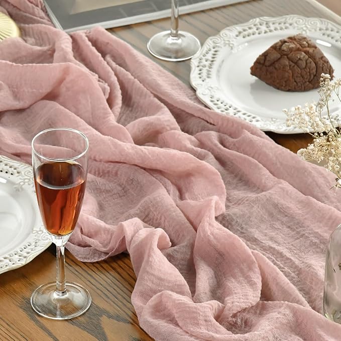 Artoid Mode Boho Cheesecloth Gauze Dusty Pink Wedding Table Runner, 120 Inch - Image 6
