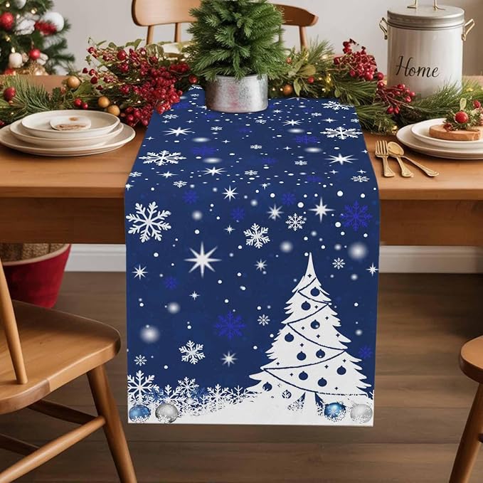 Navy Blue Christmas Tree Table Runner 60 Inches Long, Xmas Balls Snowflake - Image 2
