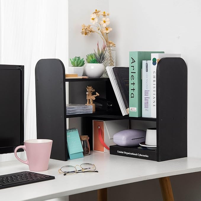 Desktop Adjustable Natural Wood Book Shelf Organizer Office Storage Rack - Image 2