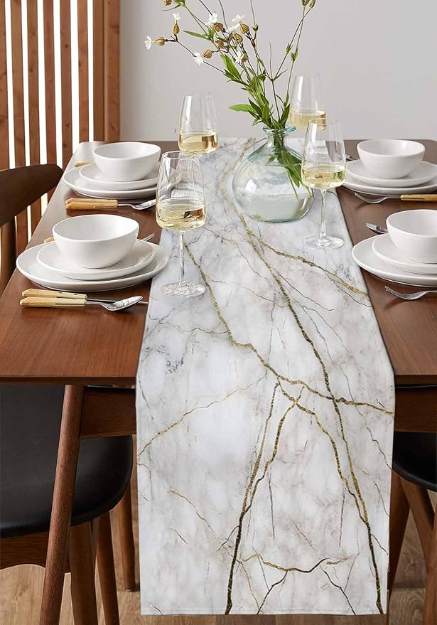 Marble Table Runner-Cotton Linen-Long 90 inche White Gray Gold Dresser Scarves - Image 4