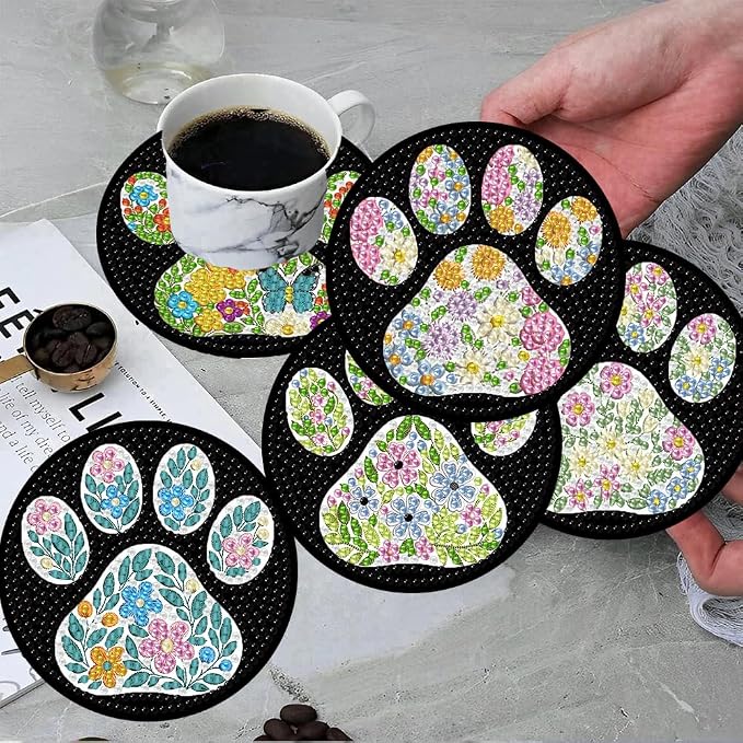 ijbnhd 8 Pcs Flower Diamond Art Coasters Kits 4x4 inch | Dog Paw Diamond - Image 4