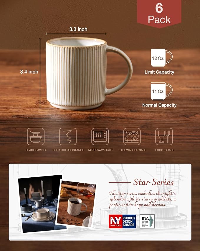 famiware Coffee Mug Set for 6, Star 12 oz Catering Mugs Cup Set - Image 4